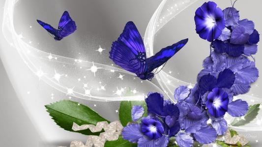 蓝色的蝴蝶，鲜花，灰色银色的背景