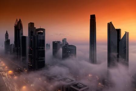 摩天大楼，城市，大都市，早晨，雾，黎明