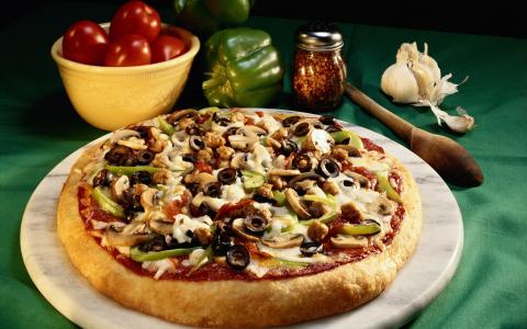 橄榄，滋补，大蒜，蘑菇，比萨，食品，食品，美味