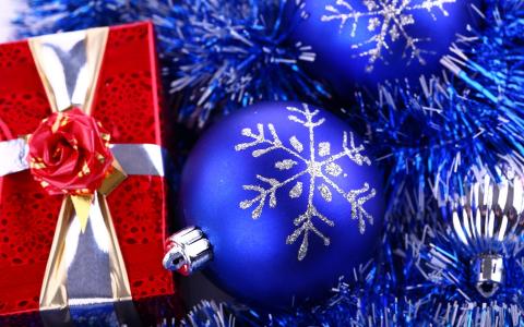 假日，新的一年，蓝色，圣诞球，礼物，红色，框，包装，弓，金属丝，新的一年