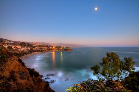 海洋，月牙湾公园，月亮，加利福尼亚州，拉古纳海滩，灯