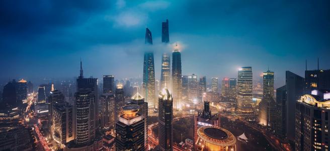 城市，上海，中国，房子，摩天大楼，天空，ogbleka