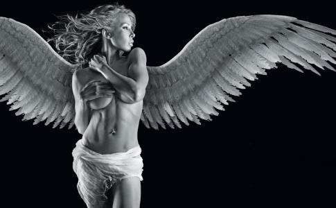 天使，女孩，金发，黑色和白色背景，photoshop，幻想