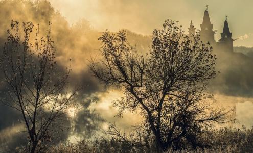 顿涅茨克，冷淡的早晨，雾，被遗弃的五亚努科维奇山寨，天蝎座