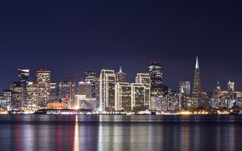 旧金山，建筑，反思，城市，夜，光，河，灯