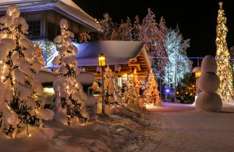 自然，晚上，冬季度假村，新年，雪人，冬季，雪，圣诞树，美丽