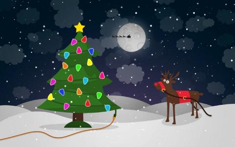 新的一年，圣诞节，毛皮树，晚上，雪，月亮