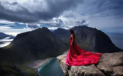 照片，挪威，山，岩石，峡湾，女孩