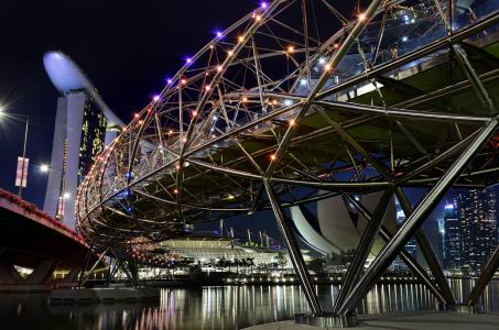 新加坡，螺旋桥，河，美容，建筑物，灯光，夜间