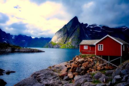 挪威，峡湾，山，小屋