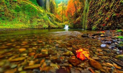 山，秋天，河，小瀑布，瀑布，叶，美丽
