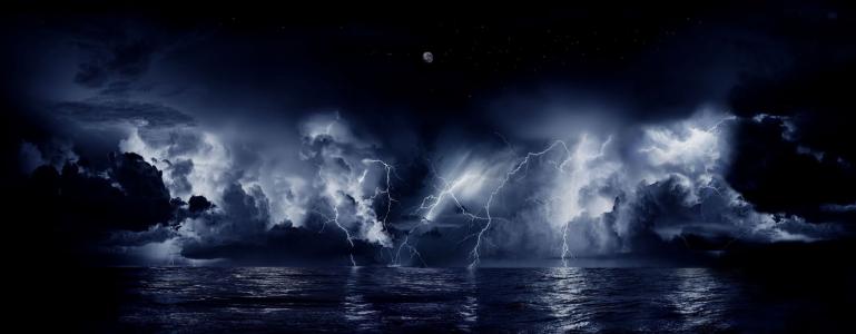 海，雷电，天空，夜晚，月亮，10亿伏，40万和雷暴，星星，美丽