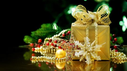 礼品，色带，节日，新的一年，丝带，新的一年，礼物，色带，金，珠，黄金，反射，球。