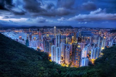 城市，香港，中国，山，摩天大楼，美丽