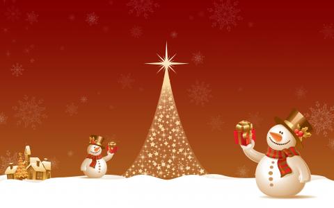 雪人，新年，灯，圣诞树