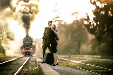 照片，站，复古，主题，蒸汽引擎，夫妇，爱情