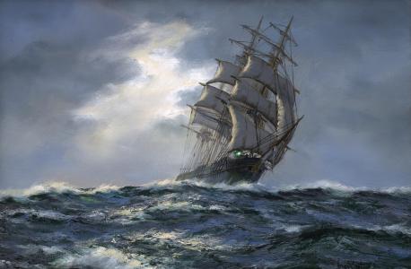 绘画，艺术家，亨利斯科特，帆船，海洋，天空，阴天，美丽