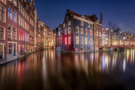 荷兰，城市，阿姆斯特丹，阿姆斯特丹，运河，水，房屋，桥，晚上，照明