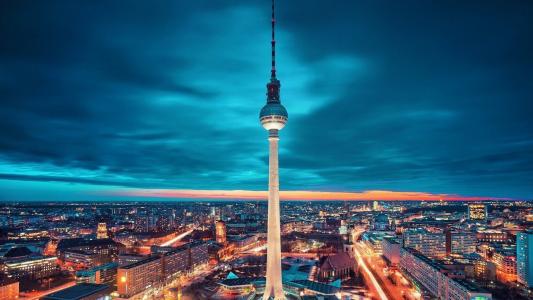 德国，柏林，塔，夜，灯，照明，天空，美女