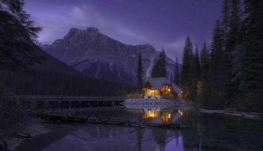 自然，加拿大，山，森林，湖，山寨，桥，夜晚，天空，星星