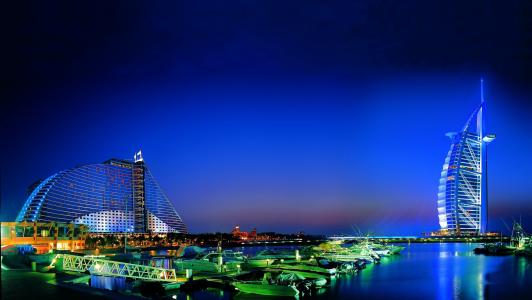 迪拜，酒店，帆，阿联酋，迪拜，阿联酋，晚上，城市，海