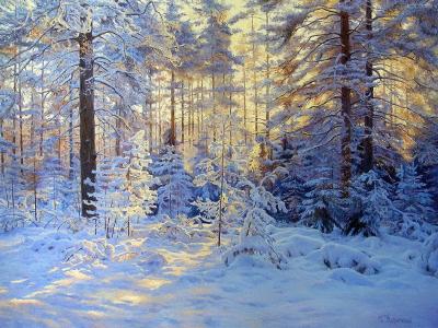 冬季森林，树木，雪，太阳光线，绘画，Gennady Kirichenko
