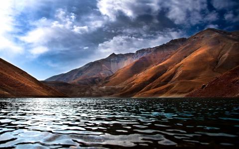 湖，山，天空，云，水，国家，伊朗，美丽