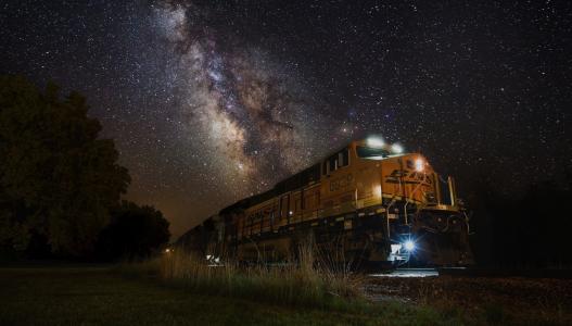 火车，夜晚，银河，自然，星系，铁路，星星