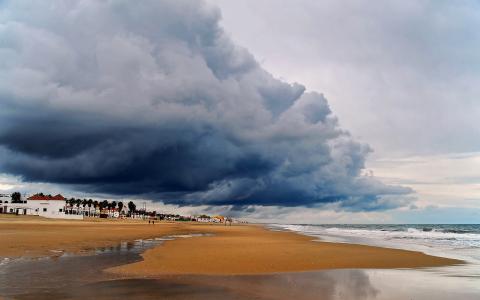 沙，房子，云，海滩，海，风暴