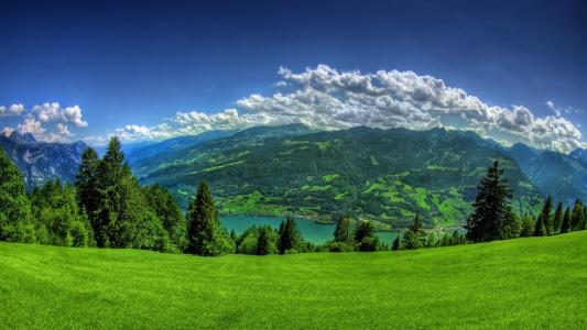 云层覆盖，绿色的草地，水