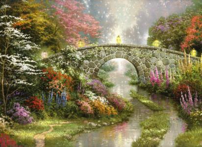 斯蒂尔沃特桥，美丽，魔术，灯，桥，绘画，鲜花，性质