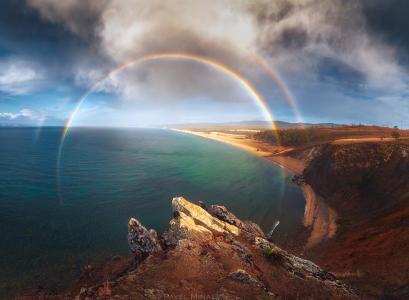 贝加尔湖彩虹，湖泊，岩石，天空，云彩，Minaev Pavel