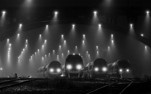 火车站，机车，黑色和白色背景，桥，方式，晚上