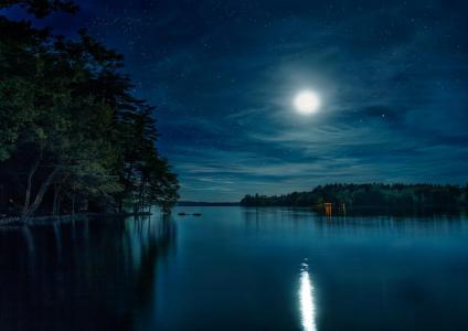 晚上,湖,月亮,星星