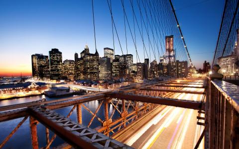 日落，美国，纽约，纽约，纽约，布鲁克林大桥，日落，金融区