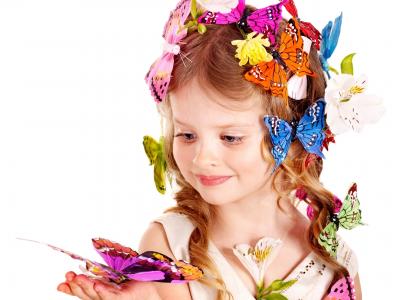 女孩，蝴蝶，照片，鲜花，看，白，背景