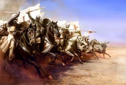 艺术，1177年11月25日在以色列Monzhizar之战，萨拉丁·萨拉赫·丁与耶路撒冷王国的部队之间，圣殿骑士团的进攻，图画，Mariusz Kozik