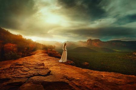 自然，山，岩石，女孩，白色连衣裙，日落
