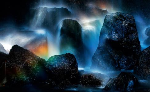 岩石，岩石，流，喷雾，瀑布，彩虹