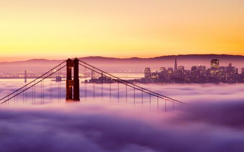 桥，金门大桥，日落，旧金山，旧金山，雾