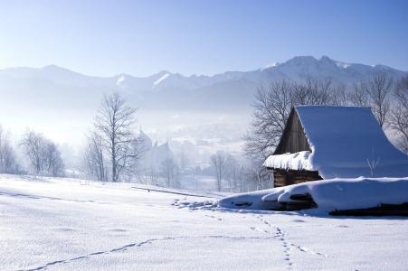 冬天，雪，山，美丽，房子