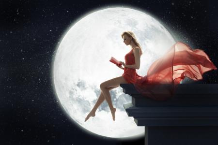 月亮，女孩，书，红色，礼服，晚上