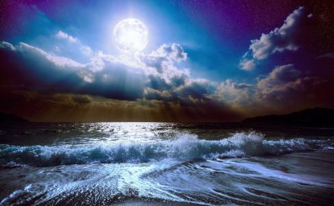 海滩，月亮，夜晚，云，星星，美丽，天空，海洋，波浪，光，山，湾