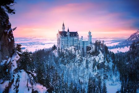 天空，日落，城堡，性质，德国，新天鹅堡，冬天，山，岩石，美丽