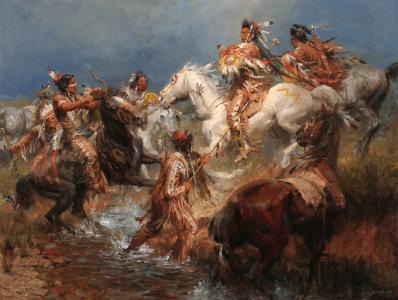 绘画，战斗，绘画，印第安人，马匹，狩猎